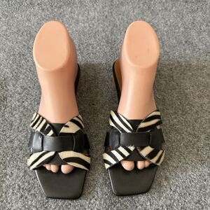Sesto Meucci Animal Print Slip-On Flat Sandals Black White Leather Women’s 8.5N